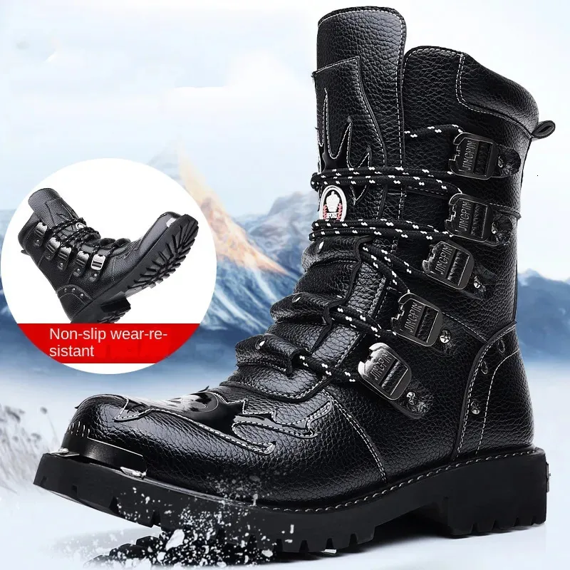 Stiefel Männer Motorrad Mode MidCalf Punk Rock PU Leder Schwarz High Top Herren Casual Boot Stahl Kappe Schuhe Große Größe 39 230928