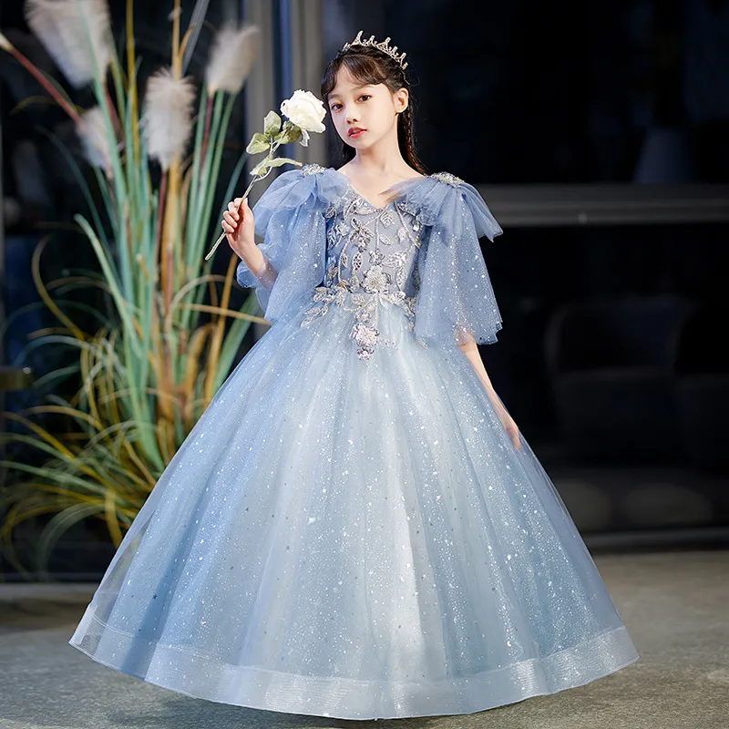 Amazon.com: GZCYL Blue Pageant Drsss for Girls Long Train Sheer Neck Flower  Girls Dress Lace Toddler Princess Ball Gowns: Clothing, Shoes & Jewelry