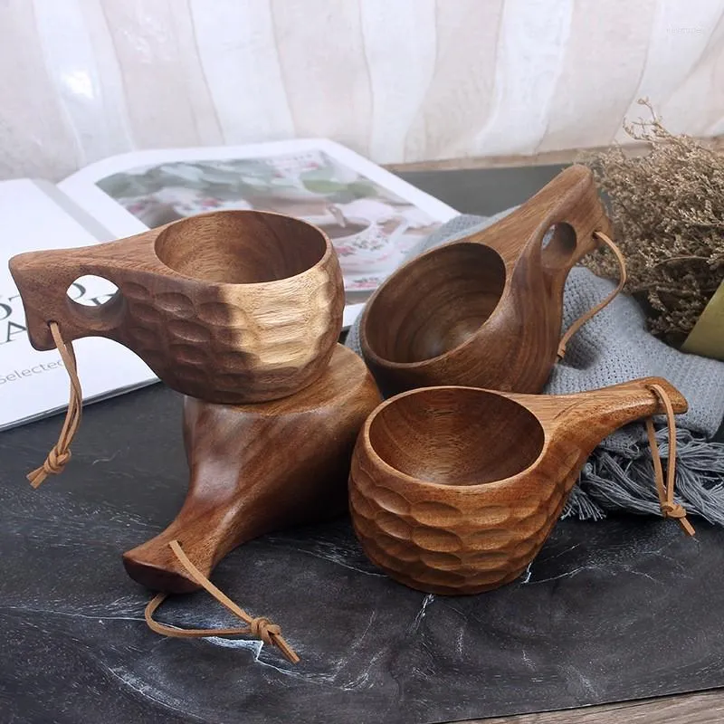 Canecas copo de chá artesanal com alça de corda de couro caneca bebendo utensílio suco de madeira leite drinkware acampamento acessível