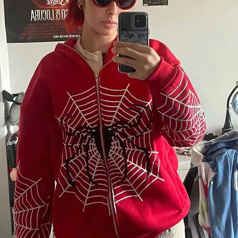 Spider Web Red Graphic Hoodie's Clothing Warm Vintage Grunge Y2K Zip Up Hood Bluza dla mężczyzn i kobiet Tops Bluza 230915