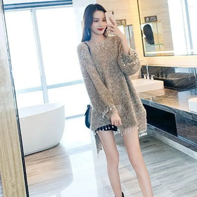 Pulls pour femmes Mode Irrégulière Femmes Brillant Soie Perlée Pull Jumpers Tricot Paillettes Glands Mohair Pulls Robe O-Cou Cachemire