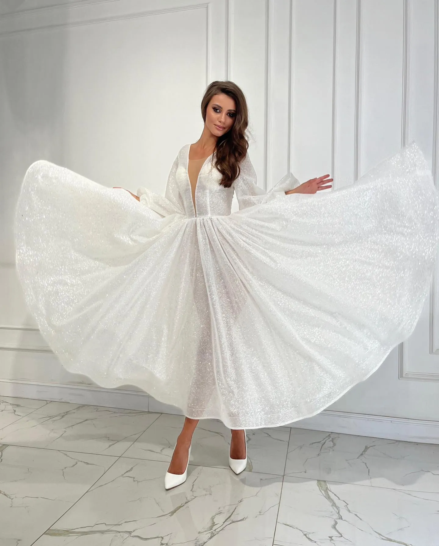 White Glitter Prom Dress A-Line Sequined Evening Gown with V-Neck, 3/4  Sleeves, Backless Design, and Ankle-Length Hemline from Dhgate Prom Dresses  - price 344.47