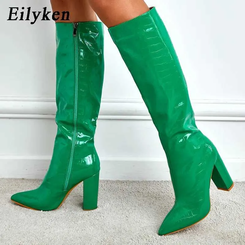 Bottines serpentine vertes d'hiver pour femmes, chaussures de styliste à talons hauts épais, fermeture éclair, longues cuisses hautes, 230922