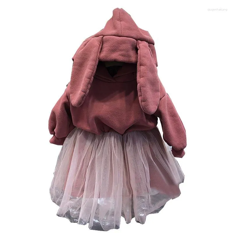 Flickaklänningar 2023 Spring Autumn Korean Style Baby Girls Dress Ear Hooded Mesh Fleece Cotton Kids