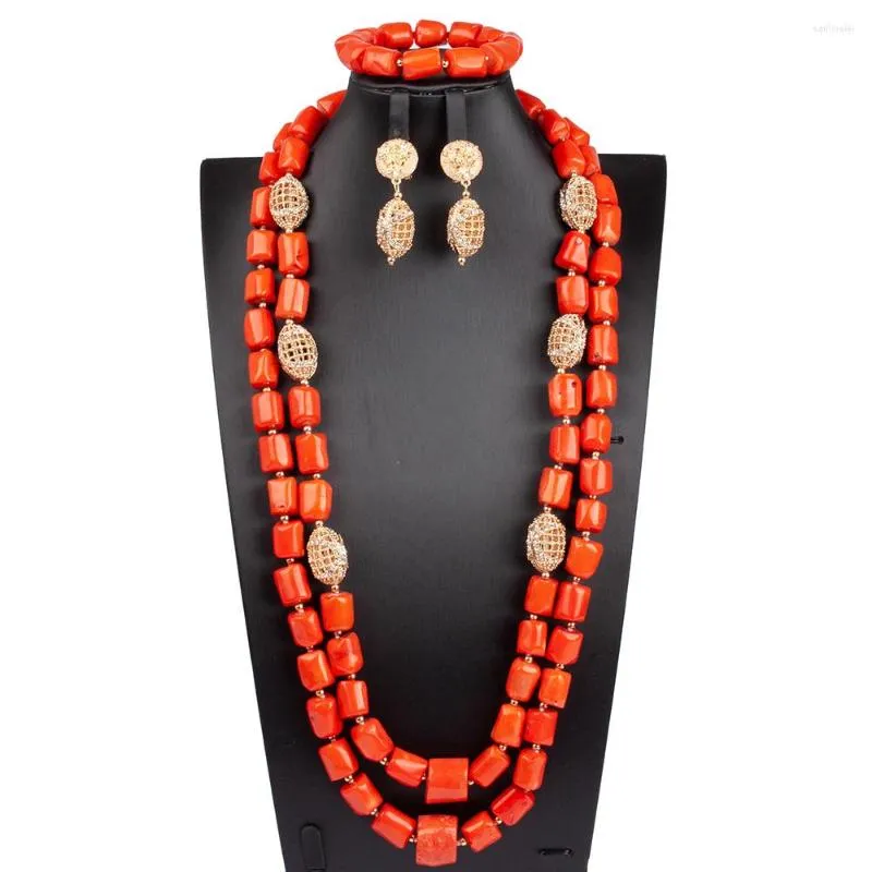 Halsbandörhängen Set Luxury African Wedding Coral Beads smycken för brudar Original Big Bridal Statement ABG177