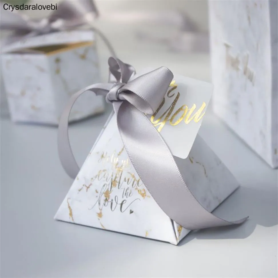 Present Wrap Creative Grey Marble Pyramid Candy Box Bag For Party Baby Shower Paper Boxes Package Bröllop Favors Thanks259Q