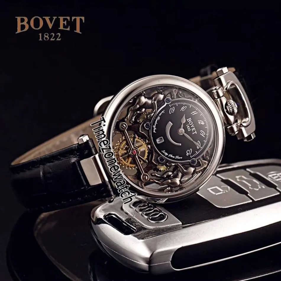 Bovet Swiss Quartz Mens Watch Amadeo Fleurier Caixa de Aço Esqueleto Preto Dial Relógios Pulseira de Couro Preto Relógios Baratos Timezonewat305h