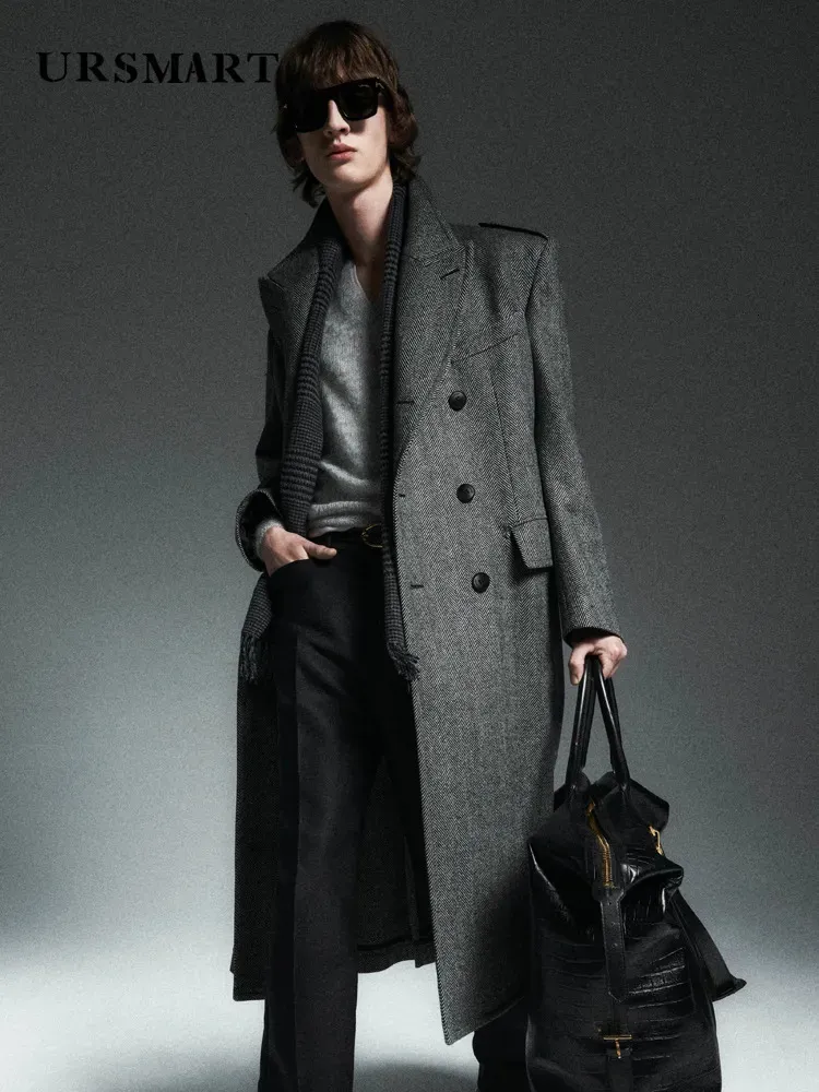 Мужское шерстяное пальто длиной до колена с узором «елочка», мужское двубортное двубортное пальто с утолщенной и съемной внутренней подкладкой, британские мужчины 230928