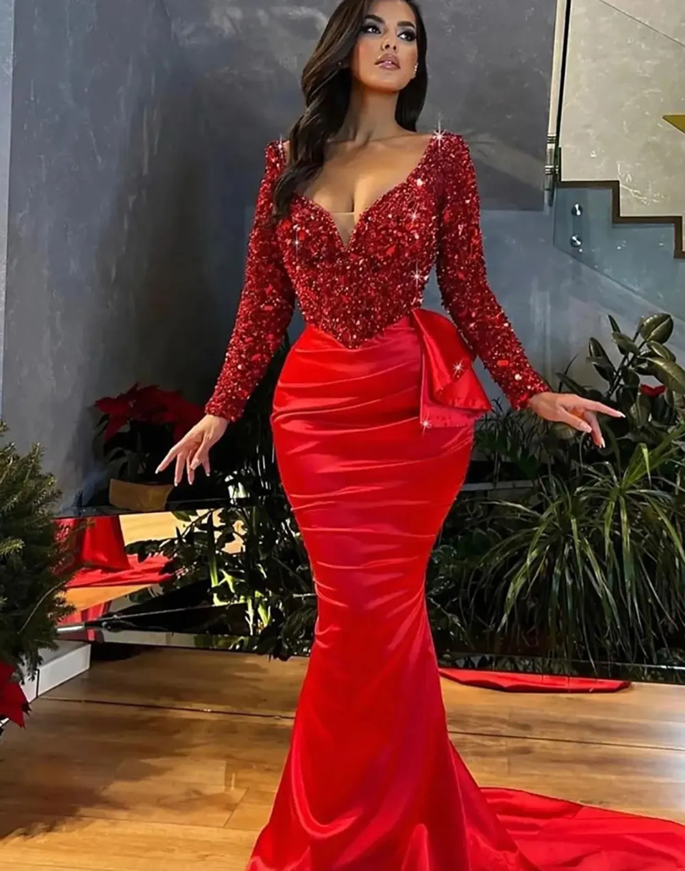 Evening Dresses Red Prom Party Gown Formal Custom Zipper Plus Size New Long Sleeve Lace Up Satin Mermaid Trumpet V Neck Pleat Applique Sequins Beaded