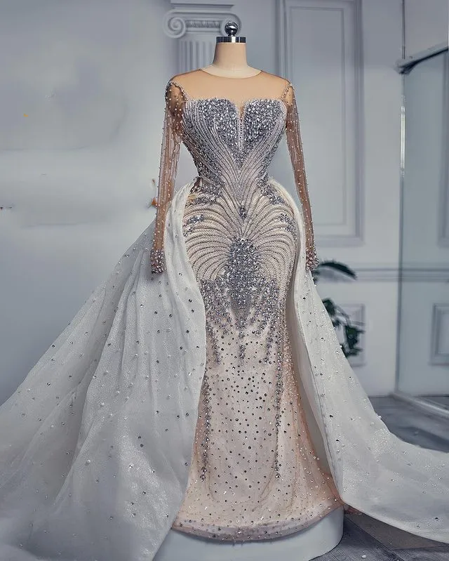 2023 out árabe aso ebi plus size luxuoso vestido de casamento sereia cristais frisados vestidos de noiva sexy zj244