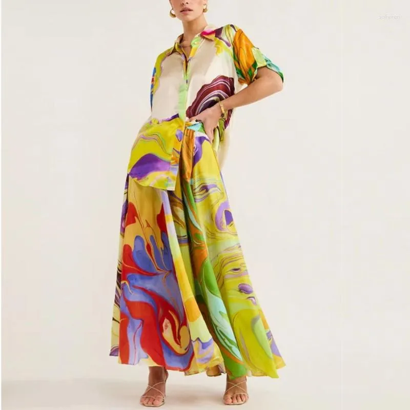 Etnik Giyim Kadınları Setler İki Parçalı Set Dashiki Afrika Baskı Kısa Kollu Üst ve Zarif Uzun Etek Yüksek Street Giyim Günlük Plaj Takım