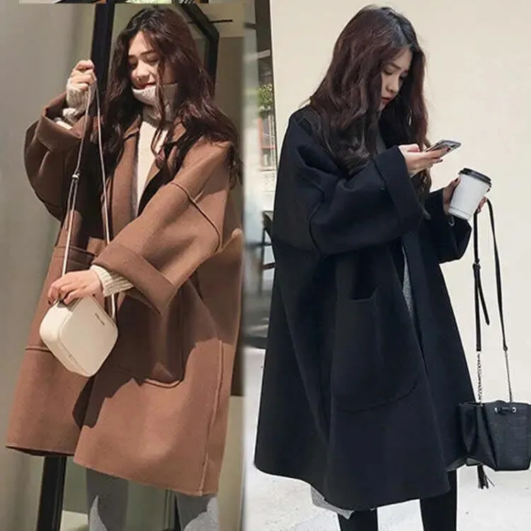 Women's Wool Blends Elegant Woolen Trench Coat Winter for Women Vintage Windbreakers Jacket MidLength Loose TurnDown Collar Plus Size 4XL Cardigan 230928