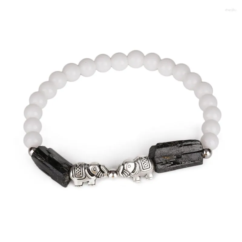 Strand White Glossy Bead Double Elephant Charm Natural Rough Black Tourmaline Healing Stone Energy Armband For Man Women 2023