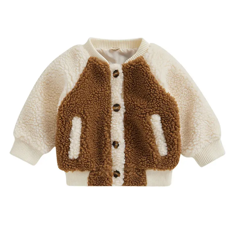 Manteau BeQeuewll enfant en bas âge polaire hiver décontracté contraste couleur veste bouton Cardigan pour bébé bébé automne vêtements d'extérieur hauts 230928