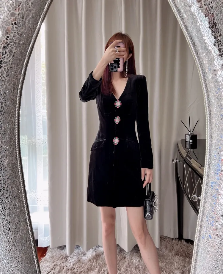 Black Velvet Self Portrait Black Velvet Dress With V Neck And Long