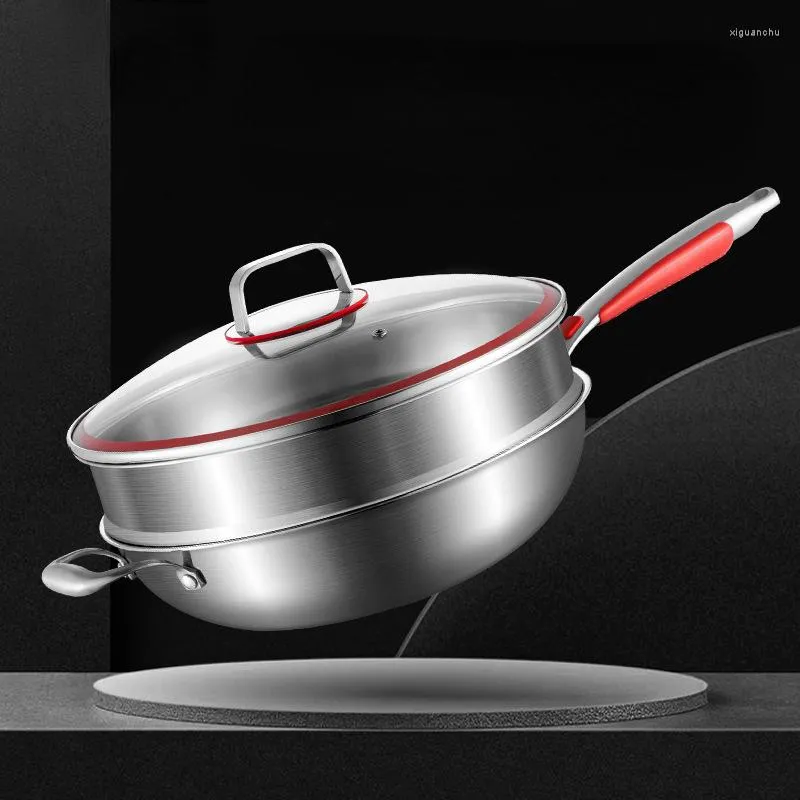 Casseroles 304/316 en acier inoxydable double couche poêle antiadhésive sans huile revêtement de fumée pot ustensiles de cuisine wok cuisine