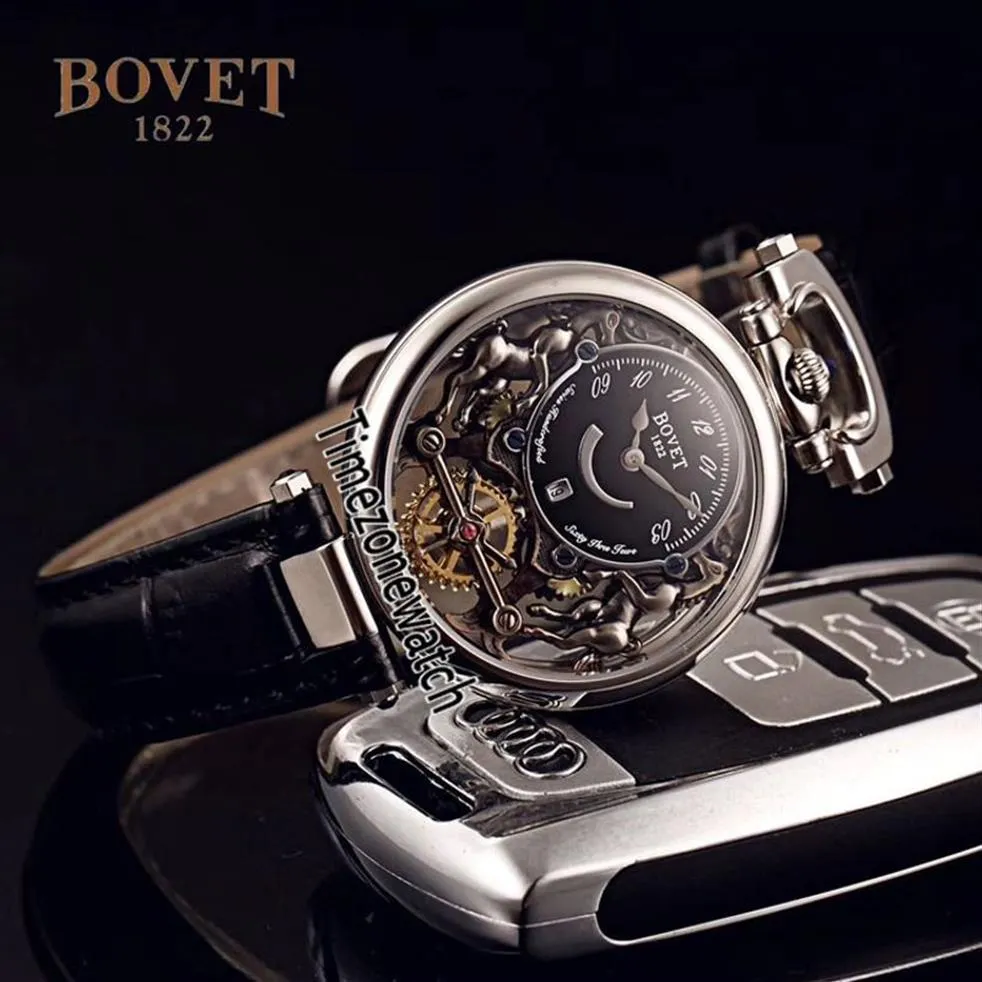 Bovet Swiss Quartz Mens Watch Amadeo Fleurier Steel Case Skeleton Black Dial Watchesブラックレザーストラップウォッチ安いTimeZonewat292z