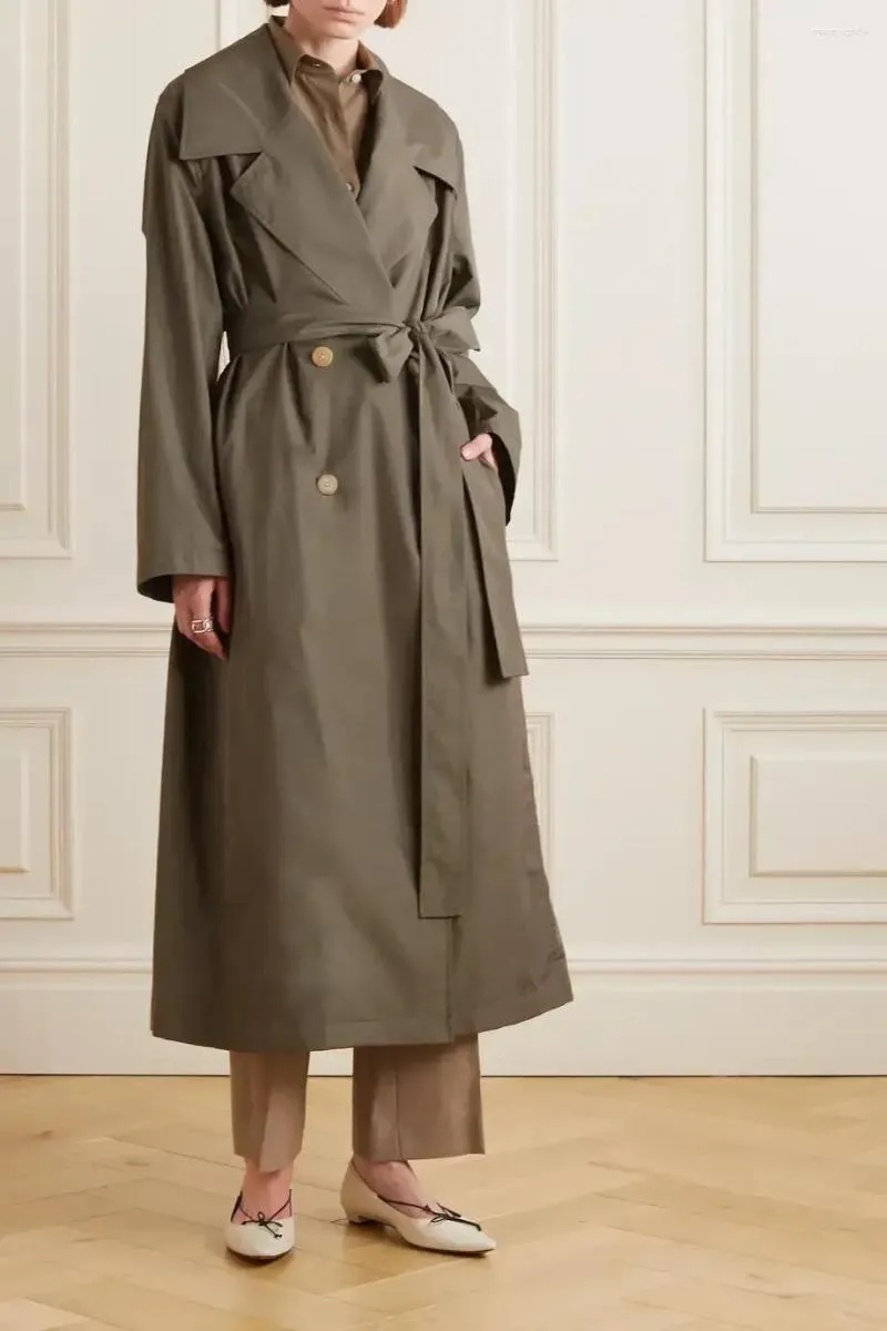 Casacos de Trench das Mulheres O R0w para Mulheres Jaquetas Seda Misturada Temporada de Inverno Oversize X-long Turn-Down Collar Exército Verde Alta Qualidade