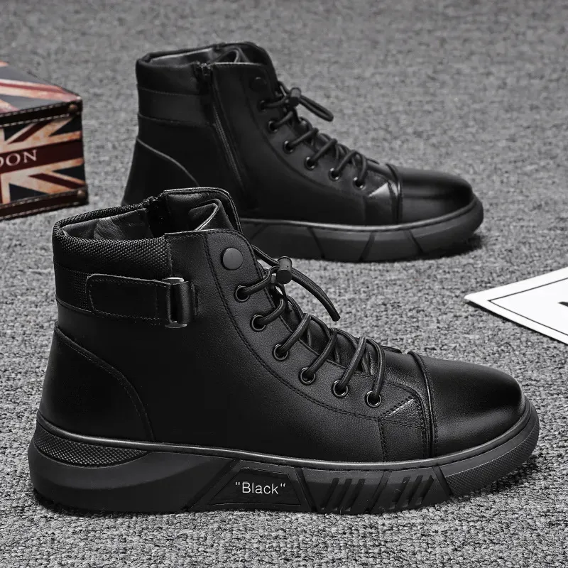 Black Leather High Top Motorcycle Boots for Men Water Resistant Hiking Boots