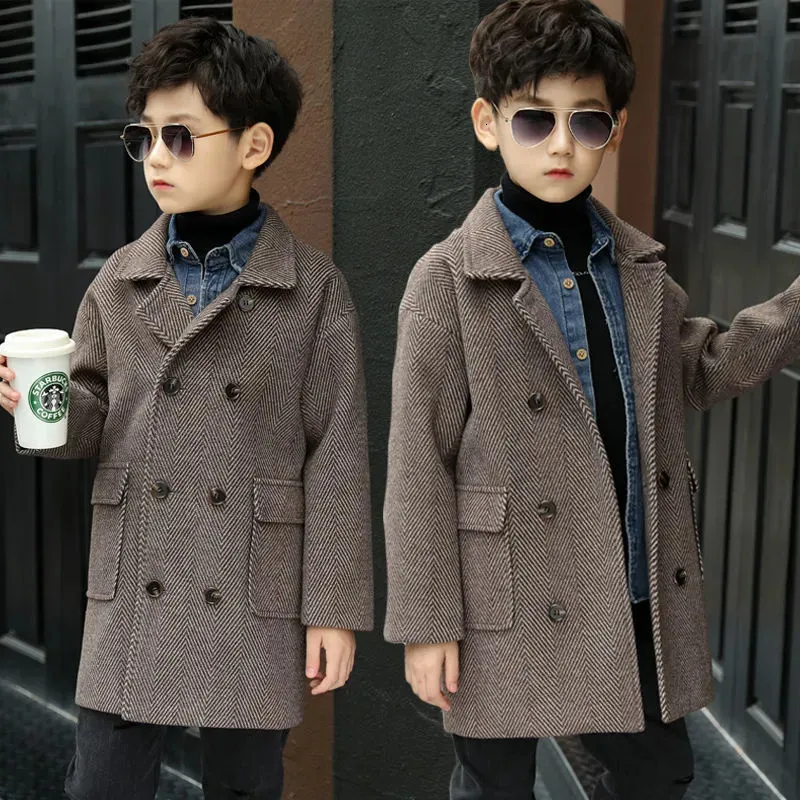 Korean Kids Girls Winter Fur Hooded Warm Long Woolen Coat Jacket Trench  Parka #