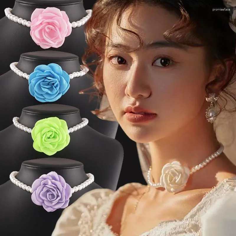 Gargantilha imitação de pérolas flor colar feminino no pescoço 6 cores floral rosa chocker coreano chocke jóias