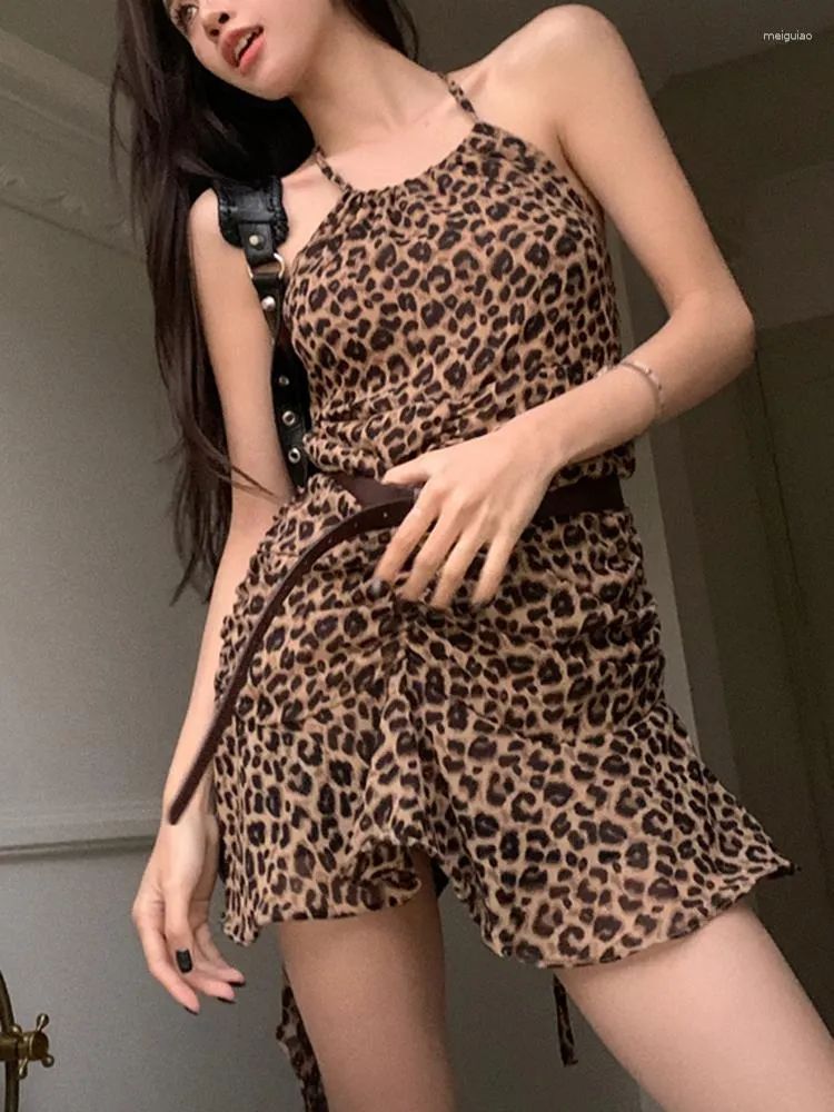 Vestidos casuais sexy leopardo halter mulheres estilo coreano moda high street 2023 verão vestido vintage y2k