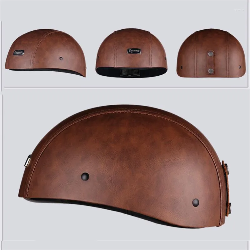 Motorhelmen Bruin PU-leer Halffacehelm Motor Elektrische veiligheid Moto Casque Casco voor dames/heren Verwijderde halsdoek