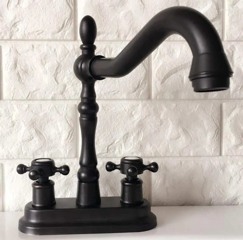 Badrumsvaskar Kranar Svartolja gnuggas mässing Basin Vanity Faucet Dubbelhandtag Mixer Deck monterade 2 hål ZHG079