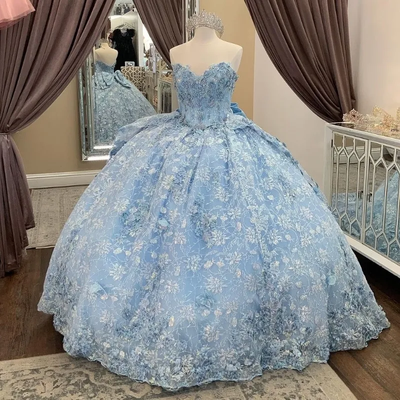 Winter Wonderland Blue Ball Gown Quinceanera Dress Blue Tulle Lace