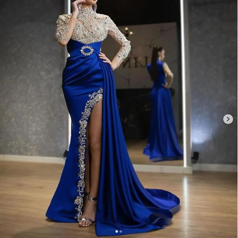 Robes de soirée indiennes en mousseline bleu royal 2020 luxe dentelle perlée brillante col haut fente sexy manches longues robe de bal sirène avec Sid186y