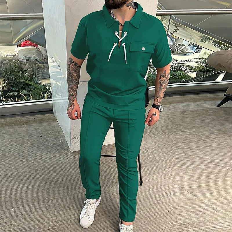 Men's Tracksuits Vintage Pure Color Two Piece Set Outfits Casual Short Sleeve Lace-up Tops And Pants Men Sports Suits Streetwear