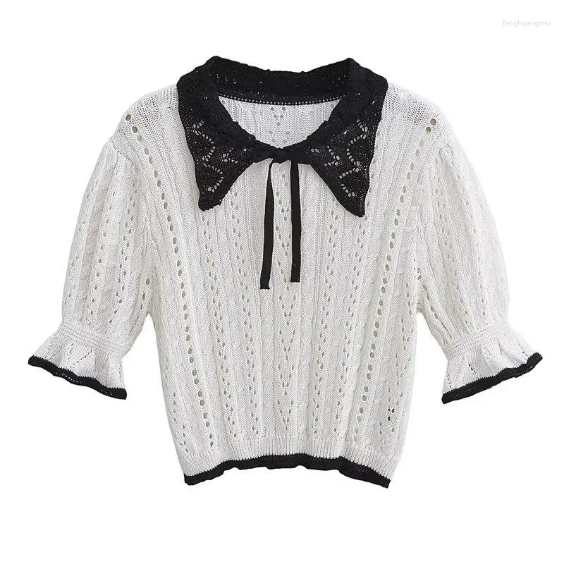 Women's Blouses 2023 Summer Doll Collar Tie Bow Short-sleeved Hollow Knitted Sweater Slim Short Top