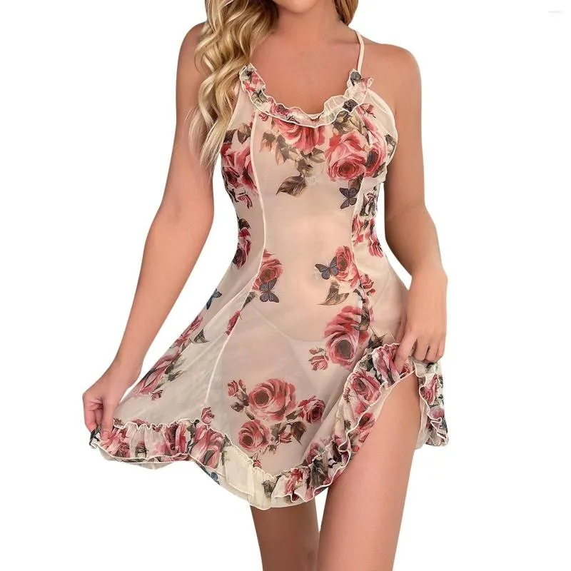 Vêtements de nuit pour femmes Chemise de nuit imprimée florale Col en V Sexy Bretelles en dentelle A-ligne Chemises de nuit sans manches Mini-jupe de couchage transparente