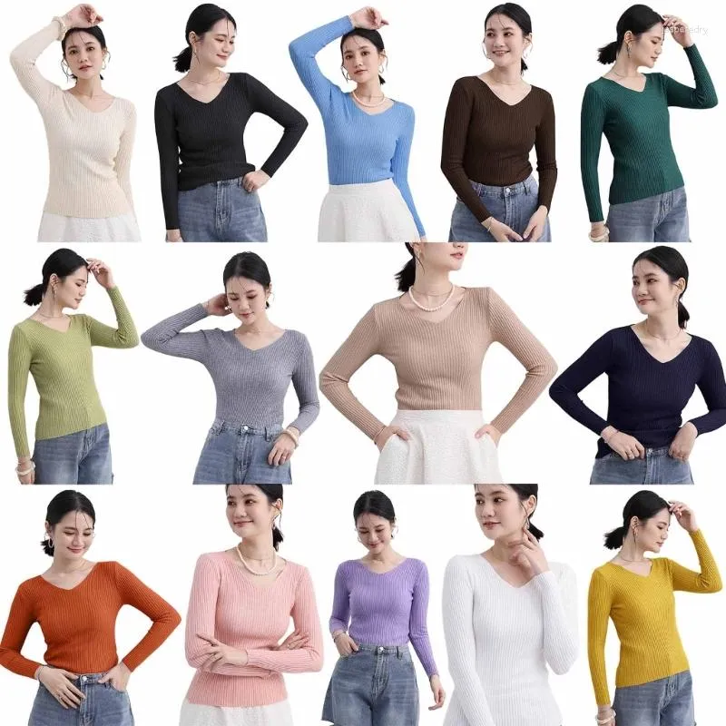 Kadın Sweaters 2023 Uzun Kollu V Boyun Tişörtleri Takılı Sweater Sıradan Zarif Sonbahar Örgü Üstler Yüzük Külot N7yd