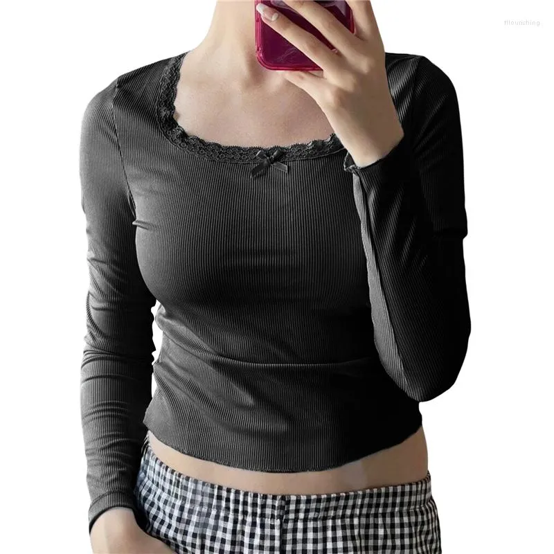 Xingqing Y2k Womens Retro Crop Top With Lace Trim And Bow Solid Color Fairy  Grunge, Long Sleeve 2000s Clothing From Fllourishing, $11.84
