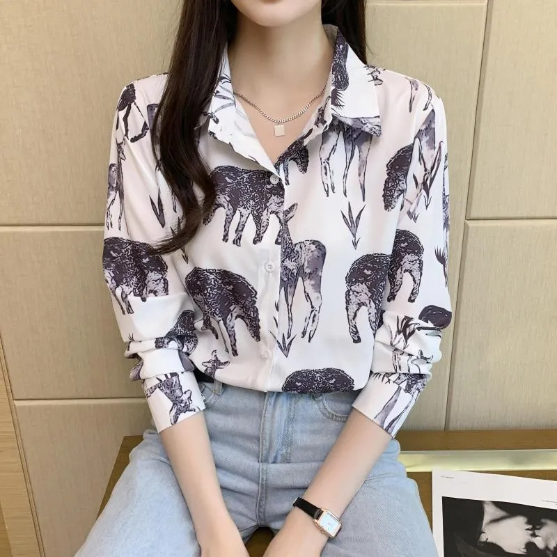 Kadınlar Blouses 2023 Retro Art Baskı Uzun Kollu Gömlek Bluz Kadın Tops Camisas de Mujer Blusa Chifon