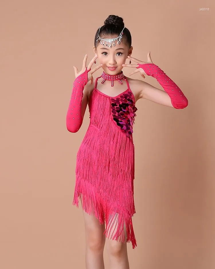 Stage Wear Enfants Robe Latine Salsa / Tango / Cha Cha Costumes Strass et paillettes Robes de compétition pour les filles 95-160cm