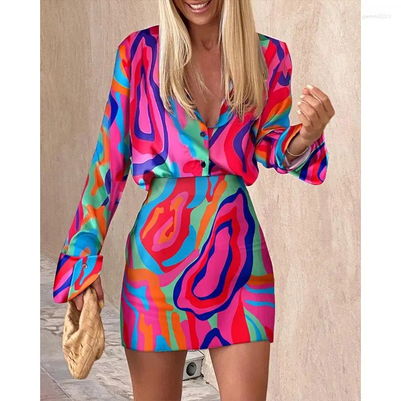 Vestido de duas peças moda feminina verão pice turn-down colarinho impressão abstrata manga longa botão para baixo camisa casual mini saia conjunto