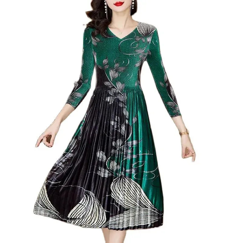 2023 Women Designer Graphic Velvet Dress Autumn Winter Office Lady Ven Slim A-Line Green Pleated Dresses sai