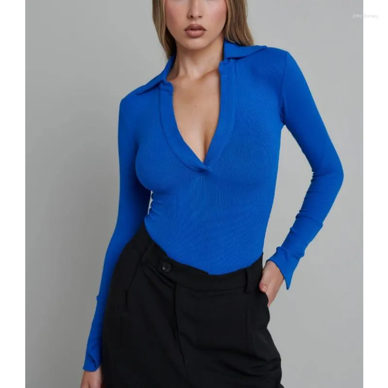 Damen Polos 2023 Herbst und Winter langärmeliges Top Sexy tiefer V-Ausschnitt Mode Pullover Casual T-Shirt Underlay Thread Shirt