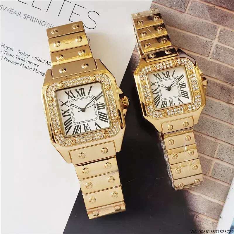 2023 Iced Out Man Relojes Movimiento de cuarzo Reloj de mujer con diamantes Color dorado Vestido de moda Reloj de pulsera Estilo de vida Reloj con correa de acero inoxidable resistente al agua Montre De Luxe