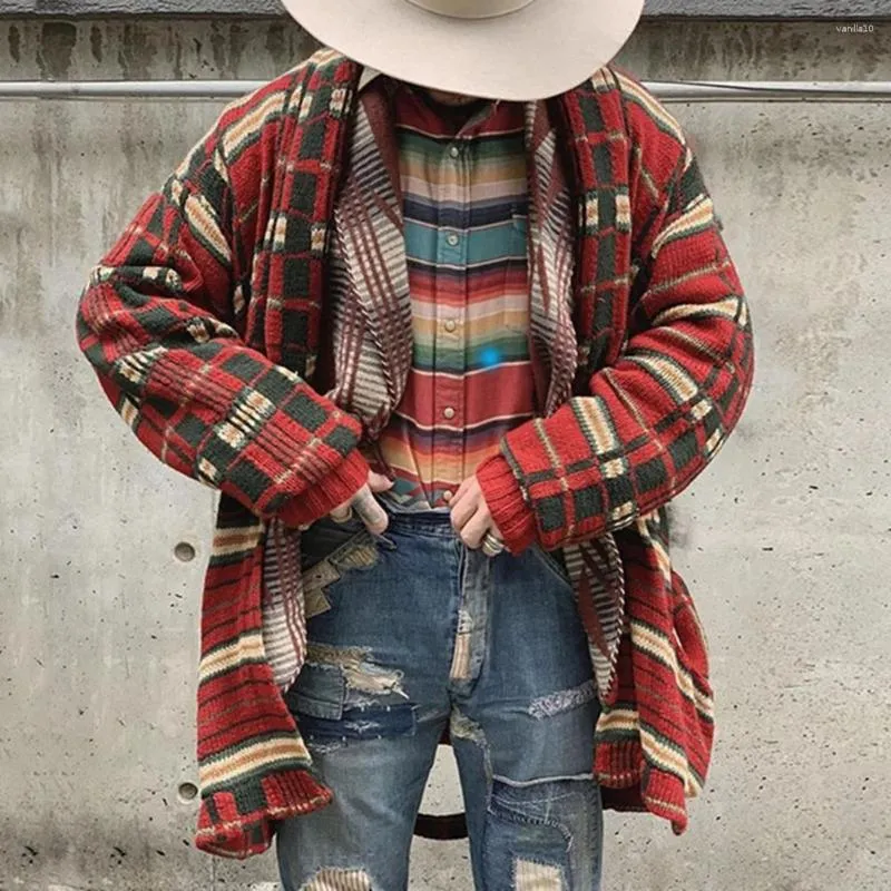 Männer Pullover Plus Größe Gestrickte Langarm Männer Casual Lose Strickjacke Herbst Winter Vorne Offen Plaid Gedruckt Pullover Oberbekleidung2023