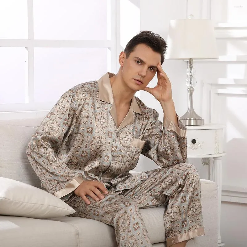 Мужская одежда для сна, мужская шелковая рубашка с v-образным вырезом и принтом, уютная мягкая ночная рубашка с длинными рукавами, топы, брюки, мужские пижамные комплекты из двух предметов, домашняя одежда, пижамы