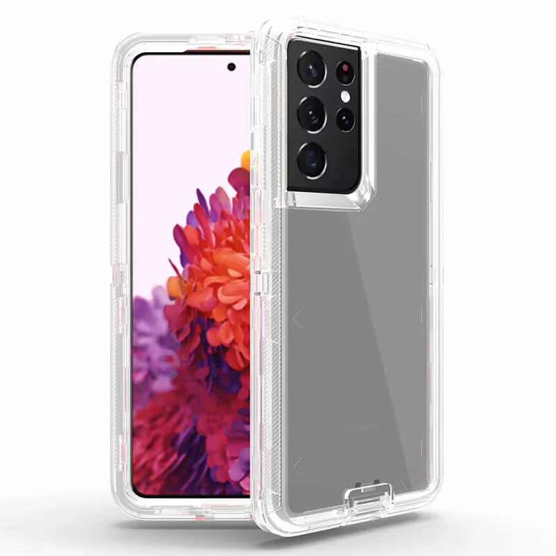 Transparent Armor Defender Telefonfodral för Samsung Galaxy S22 S21 S20 S23 Ultra Three Layer Clear Heavy Duty Protective stockskyddet Fit S8 S9 S10Plus S10E
