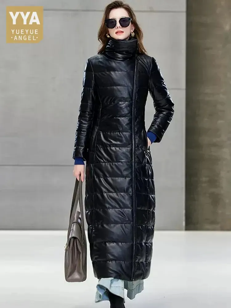 Kvinnors läder faux runway kvinnor märke max lång äkta down jacka tjock varm elegant damer vinter överrock svarta jackor 230928