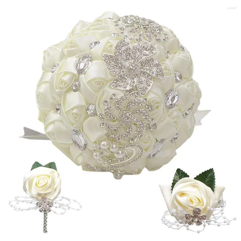Decorative Flowers Hand Made 18cm Wedding Artificial Silk Rose Bouquet With Crystals And Rhinestone Holding Brooch Wrist Flower Set