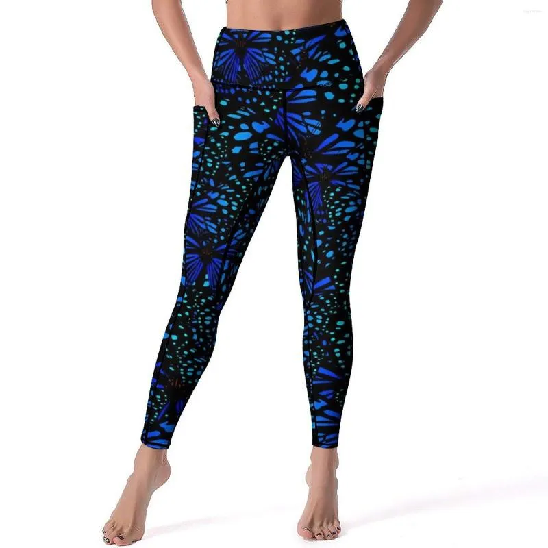 Active Pants Blue Butterfly Leggings Cute Animal Running Yoga Lady Push Up Aesthetic Sports Tights With Pockets Quick Dry Legging