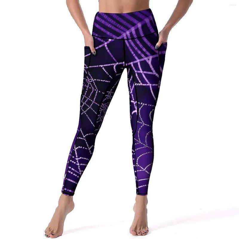 Actieve broek Halloween Yoga Paars Spinnenweb Work Out Legging Push Up Stretch Sport Panty's Esthetisch Patroon Legging Cadeau