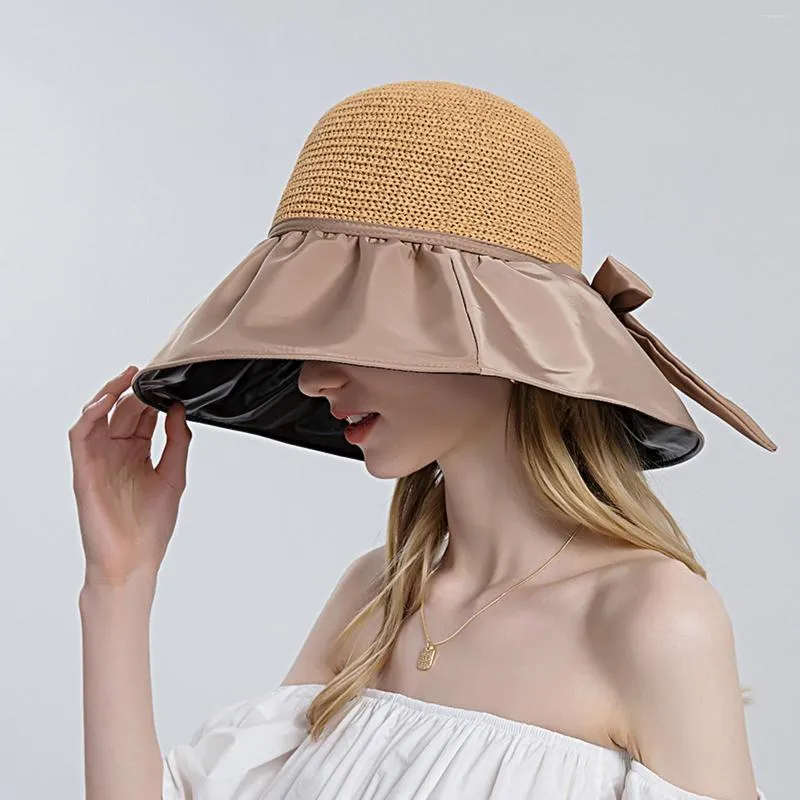 Wide Brim Hats Women Outdoor Sun Hat Sunscreen Double Sided Large Brimmed  Solid Color Bucket Caps Lace Up Bow Elegant Sunshade Cap