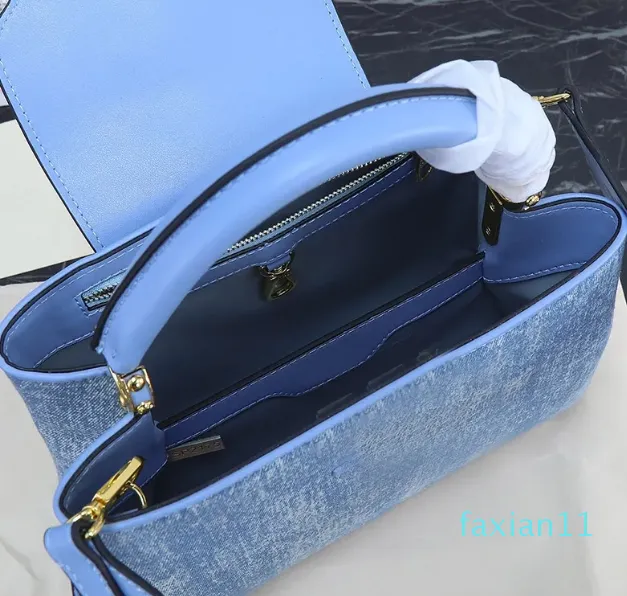 Denim bolsa cruz corpo sacola sacos de ombro designer alça de couro torção bloqueio aleta sacos de compras hardware dourado destacável alça larga totes